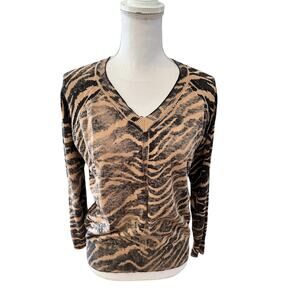 Elan Zebra Stripe Animal Print Vintage Wash V Neck Sweater